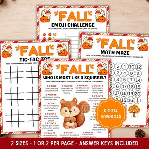 Peut inclure: Un ensemble de quatre feuilles d'activités imprimables sur le thème de l'automne, comprenant un morpion, un défi emoji, un labyrinthe mathématique et un quiz sur les écureuils. Chaque feuille présente des citrouilles et des champignons.