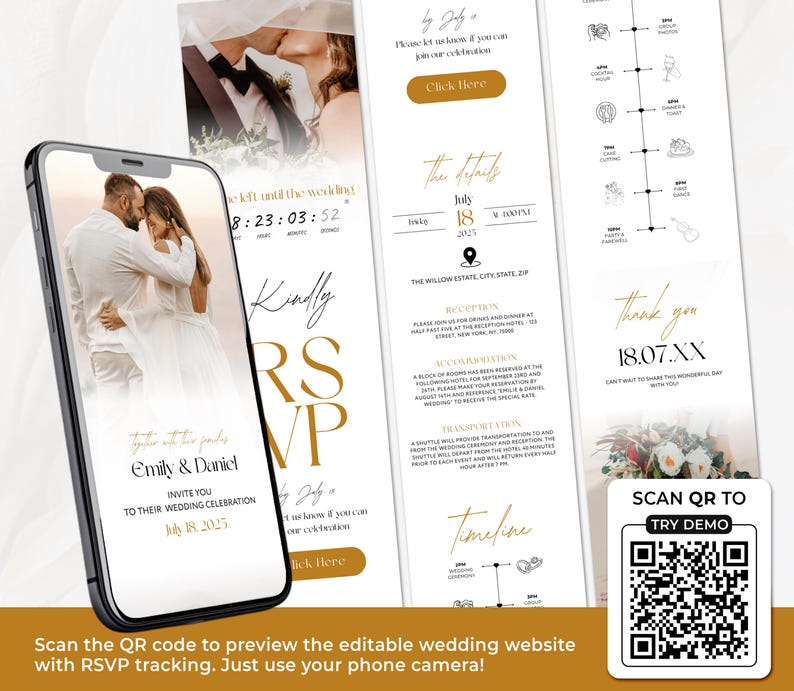 Make your big day unforgettable with this WEB Invitation Template RS02. Designed in Canva, it features an embedded countdown timer, trackable RSVP via Google Form, and customizable sections for your wedding story, schedule, and gallery. Share it instantly via link—no printing needed! Ideal for modern, eco-conscious weddings and destination events. A beautiful, easy-to-use digital wedding announcement your guests will love. Instant download & fully editable!