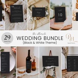 Modern Black Wedding Bundle, Editable Wedding Templates, Invitation Set, Black Wedding Invitation Set, Instant Download BW08