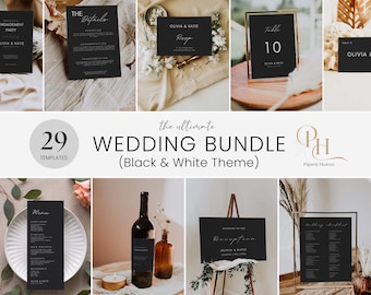 Modern Black Wedding Bundle, Editable Wedding Templates, Invitation Set, Black Wedding Invitation Set, Instant Download BW08