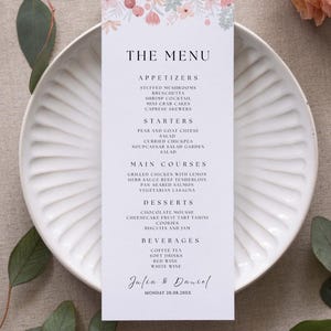 Wedding Menu Template, Printable Editable Dinner Card, Modern Floral Menu, Wildflower Wedding Decor, Editable Canva Template WF06