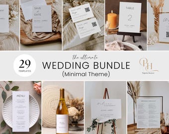 Minimalist Wedding Bundle, Modern Wedding Invitation Set, Printable Wedding Signs Templates. Fully Editable Wedding Stationery, Canva MW01