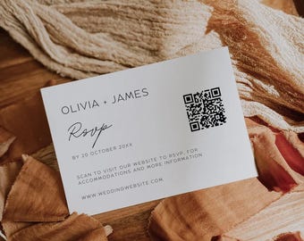 Carte QR code Rsvp modifiable, carte-réponse en ligne pour mariage minimaliste, carte de site Web de mariage moderne, encart de réponse de script élégant, CANVA MW01