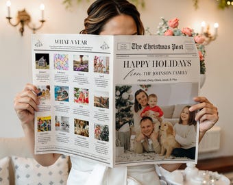 Modelo de cartão de Natal com foto de jornal, Boletim informativo de Natal "Que ano!", Cartão de Natal com retrospectiva do ano, Cartão de Natal com foto de família para imprimir