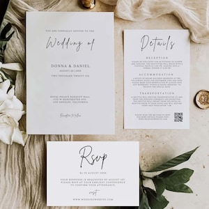 Modern Wedding Invitation Bundle Qr Code, Minimal Invitation Template Set, Printable Invite Suite, Elegant Online Rsvp, Details Card MW04