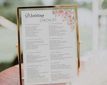May include: A gold-framed wedding checklist with floral accents. The checklist includes sections for 12 months before, 9-12 months before, 6-9 months before, 3-6 months before, 1-5 months before, 2-4 weeks before, 1 week before, day before, and wedding day.