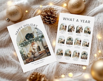 Modelo de cartão de Natal com retrospectiva anual, colagem de fotos de cartões "Que ano!", modelo de cartão de Natal editável, cartão de família com foto de boletim informativo de Natal