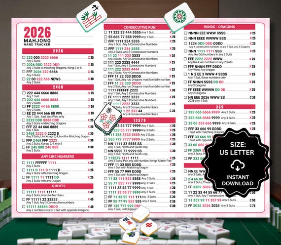 2026 Mahjong Hand Tracker, American Mahjong Scorecard, Printable Mah Jongg PDF Digital Download