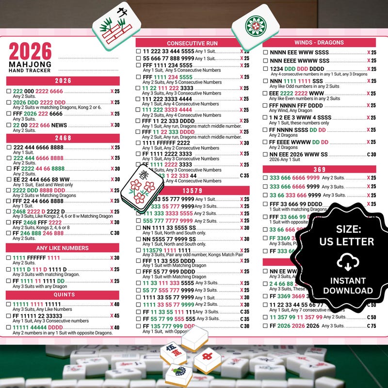 Mahjong Score Card.pdf Printable 2026 Mahjong Card Pdf - Etsy