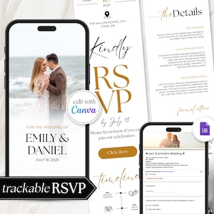 Könnte beinhalten: Ein digitales Hochzeitskarten-Design, das auf Smartphones angezeigt wird. Das Design enthält die Namen "Emily & Daniel" und das Datum "18. Juli 2025". Die Einladung enthält auch einen RSVP-Bereich und eine Zeitleiste der Ereignisse.