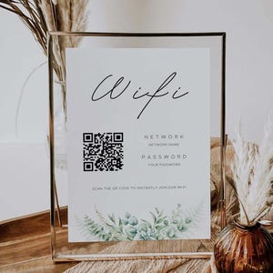 Wifi Code, QR Code Wifi, Connect to Our Wifi, Greenery Wifi Code Sign, Scan to Connect, Printable Template, Canva Wifi Display Template GWO5