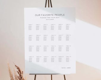 Minimalistische bruiloft zitplaatsen grafieksjabloon, onze favoriete mensen, moderne bruiloft tafelplan, bewerkbare Instant Download MW01