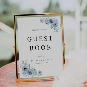 DUSTY BLUE Wedding Guest Book Sing Template, Blue Floral Wedding Signage, Please Sign Our Guestbook Sign,  Sign Our Guest Book  BW01
