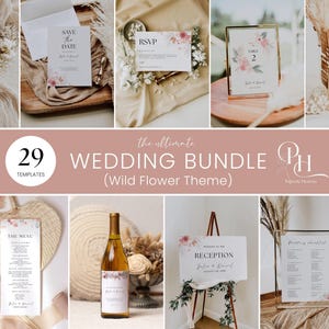 May include: A collection of wedding stationery templates with a wildflower theme. Includes invitations, RSVP cards, table numbers, menus, and signage. The text reads "Save the Date", "RSVP", "Table 2", "The Menu", and "Wedding Reception".