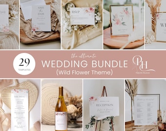 Wildflower Wedding Invitation Bundle, Floral Wedding Invitation Template, Spring Wedding Invitation Suite, Editable Wedding Stationery WW06