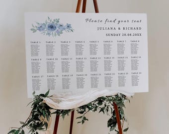 Dusty Blue Wedding Seating Chart Template, Floral Wedding Seating Chart, Boho Wedding Seating Board, Seating Plan, Canva Template BW01