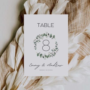 Wedding Table Numbers, Eucalyptus Table Numbers, Printable Greenery Table Number Place Card, DIY Table Number Signs, Canva Template GW05
