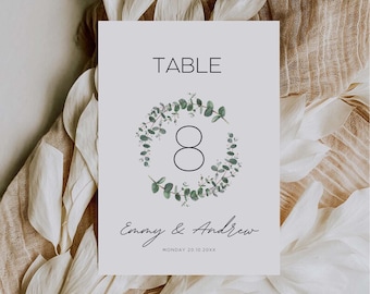 Wedding Table Numbers, Eucalyptus Table Numbers, Printable Greenery Table Number Place Card, DIY Table Number Signs, Canva Template GW05