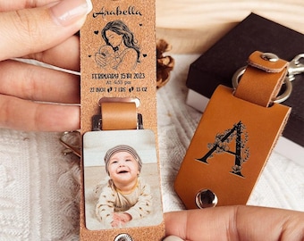 New Baby Gifts For Mommy Leather Photo Keychain, Baby Photo Keepsake Gift, Mother&#39;s Day Gifts, New Mom Gift, Custom Baby Keychain