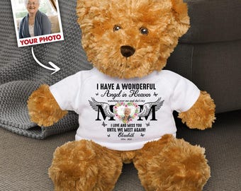 Osito de peluche con foto personalizada y camiseta. Tengo un ángel maravilloso en el cielo. Regalo de duelo. Regalo conmemorativo para mamá.