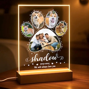 Pet Memorial Plaque,Pet LED Night Light,Custom Photo Pet Lover Night Light,Dog Keepsake Paw,Pet Loss Light Up Sign,Loss of Dog Cat,Pet Lamp