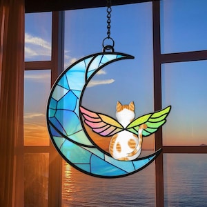 Suncatcher Cat with Angel Wings and Moon Stained Glass Window Hanging, Cat Wall Decor, Personalized Cat Gift, Custom Cat Art for Cat Lover