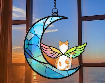 Personalized Cat Memorial Suncatcher: Angel Wings, Moon, Stained Glass Style