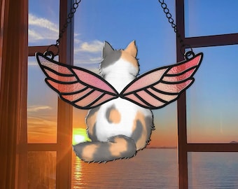 Personalized Cat Memorial Suncatcher: Angel Wings Stained Glass Window Hanging