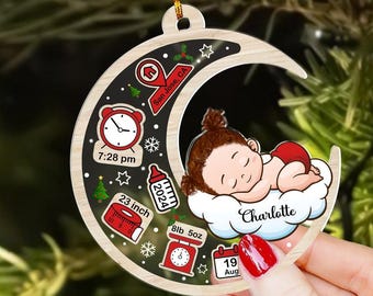 Personalisierte Baby auf Mond erste Weihnachten Acryl Ornament, Neugeborene Schlafen Weihnachtsgeschenk, Weihnachtsbaum Dekor, neue Baby-Geschenke