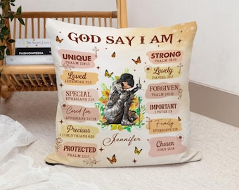 Personalized Christian Pillow Case, Faith Gift for Her, Woman Warrior of God Pillow, Religious Gift, God Says I Am Unique Loved Strong