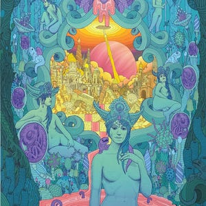 May include: A colorful fantasy art print featuring a surreal landscape with figures, a city, and a planet. The artwork uses shades of blue, green, purple, and orange. The print is held by a person.