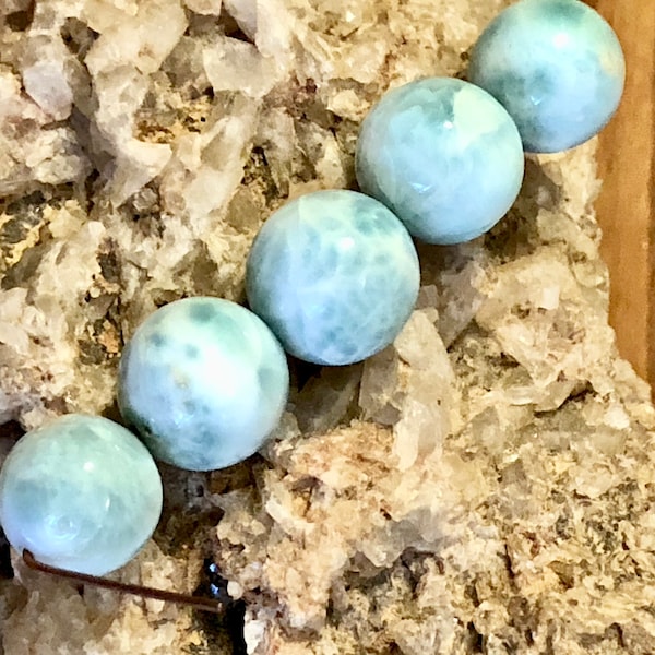 Larimar AA natural blue green 11-12 mm round beads (5) w turtleback pattern