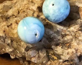 Larimar A+ round natural blue 15mm beads (2) matched beads