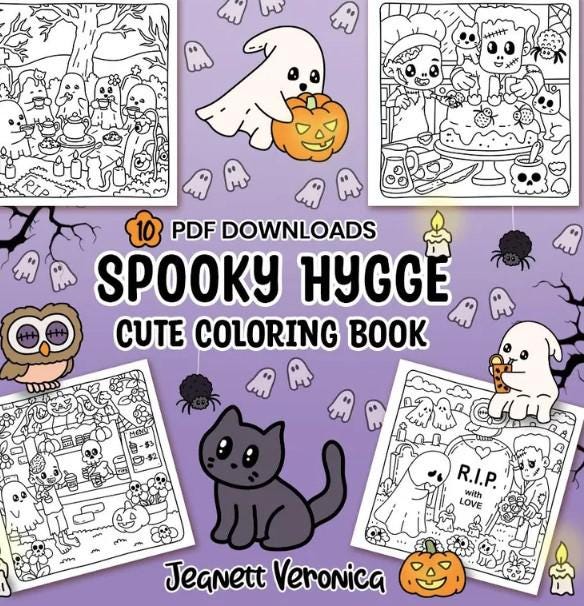 Spooky Hygge Coloring Pages - 10 Cute & Cozy Halloween Pages - Set One - Instant Download