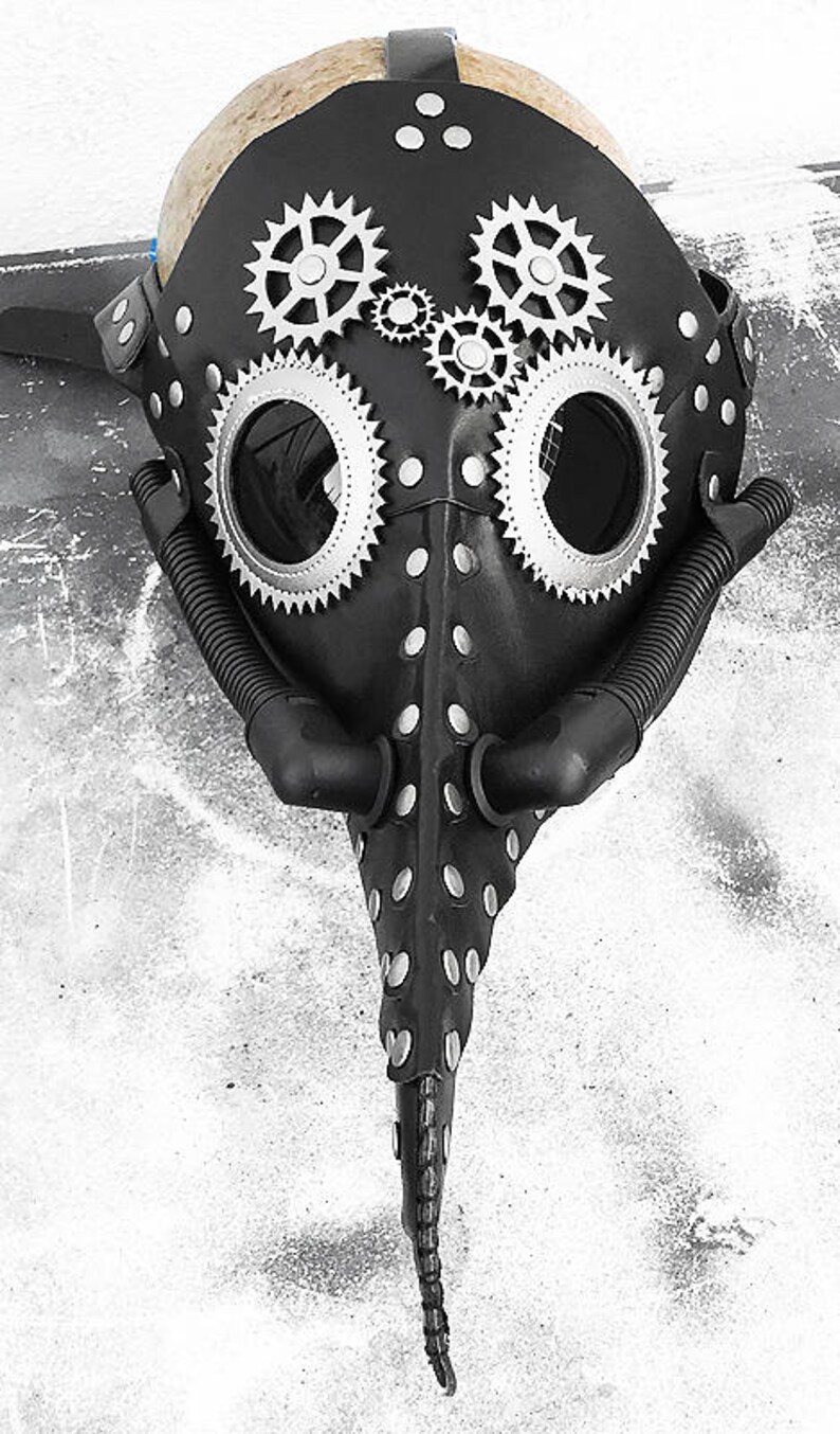 Black Faux Leather Steampunk Plague Doctor Mask With Silver Trim Metal Gears Rivets Tubes And Buckle Straps Burning Man Must Have - 