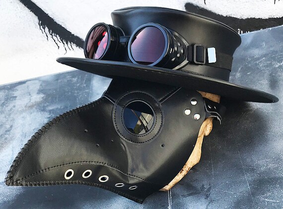 3 Pc Black Faux Leather Plague Doctor Mask With Matching Pleather Zorro Hat And Steampunk Goggles Winterchangeable Lenses Burning Man - 