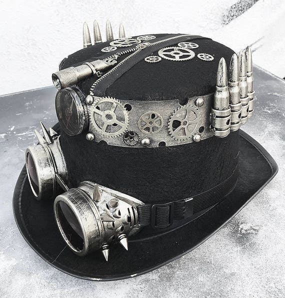 NEW Metalic Rustic Steampunk Cosplay Costume Burning Man Top Hat w Spot Light