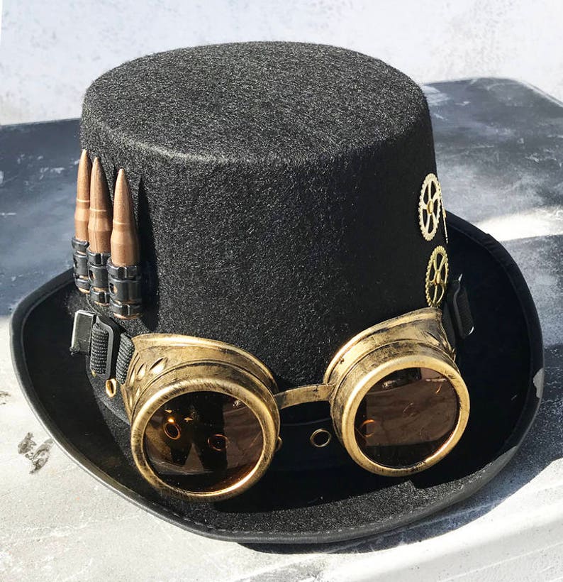 Steampunk Hat And Goggles Set 2 Pc Black Felt Steampunk Top Hat With Gears Bullet Cartridges And Matching Removable Goggles - 