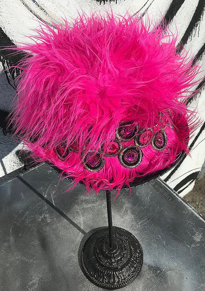 Custom Handcrafted Electric Fuchsia Neon Pink Faux Fur Festival Party Hat with Matching Appliques and Rhinestones Perfect for Burning Man