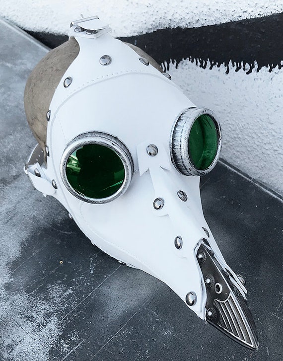 White Faux Leather Steampunk Plague Doctor Mask Rivets Buckle Straps Interchangeable Lenses Ornate Nose Piece Burning Man - 