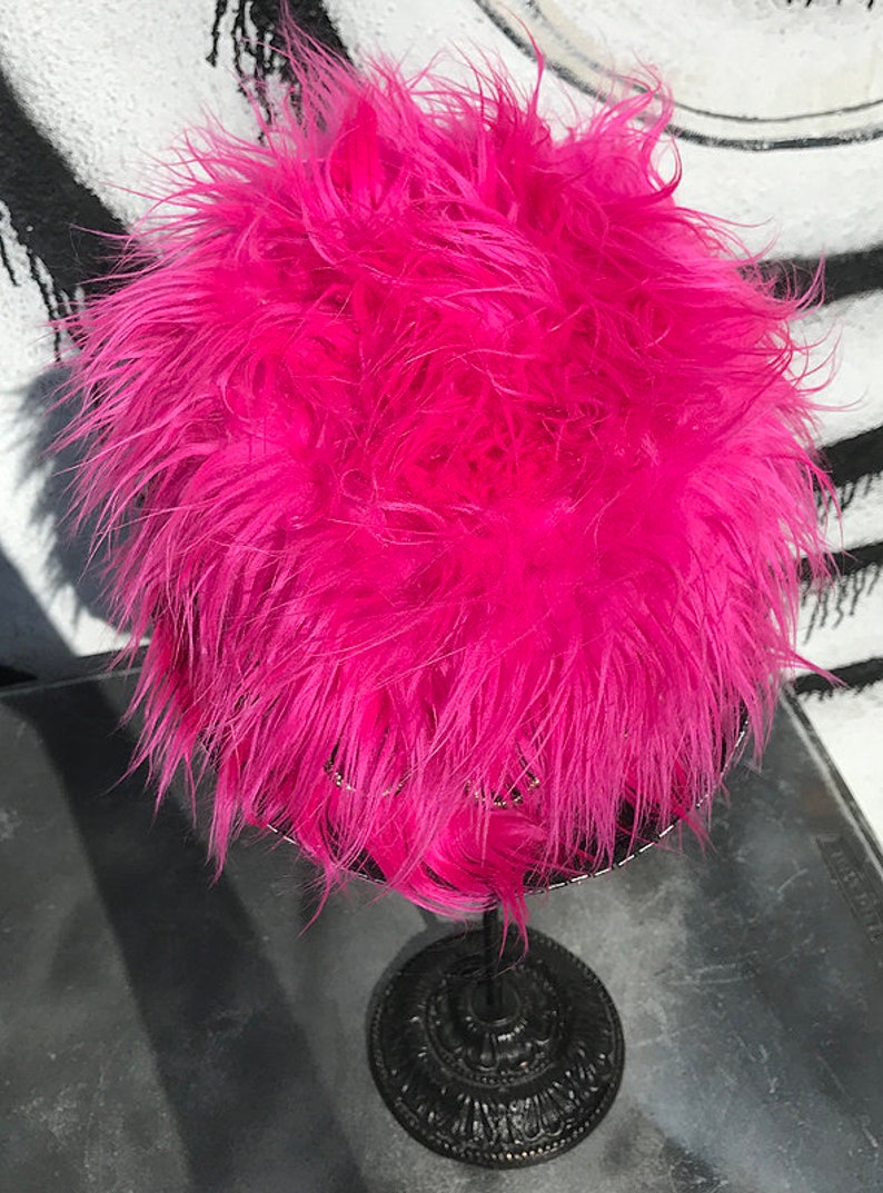 Custom Handcrafted Electric Fuchsia Neon Pink Faux Fur Festival Party Hat with Matching Appliques and Rhinestones Perfect for Burning Man