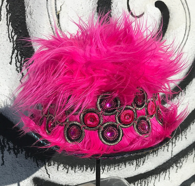 Custom Handcrafted Electric Fuchsia Neon Pink Faux Fur Festival Party Hat with Matching Appliques and Rhinestones Perfect for Burning Man