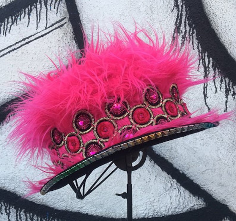 Custom Handcrafted Electric Fuchsia Neon Pink Faux Fur Festival Party Hat with Matching Appliques and Rhinestones Perfect for Burning Man