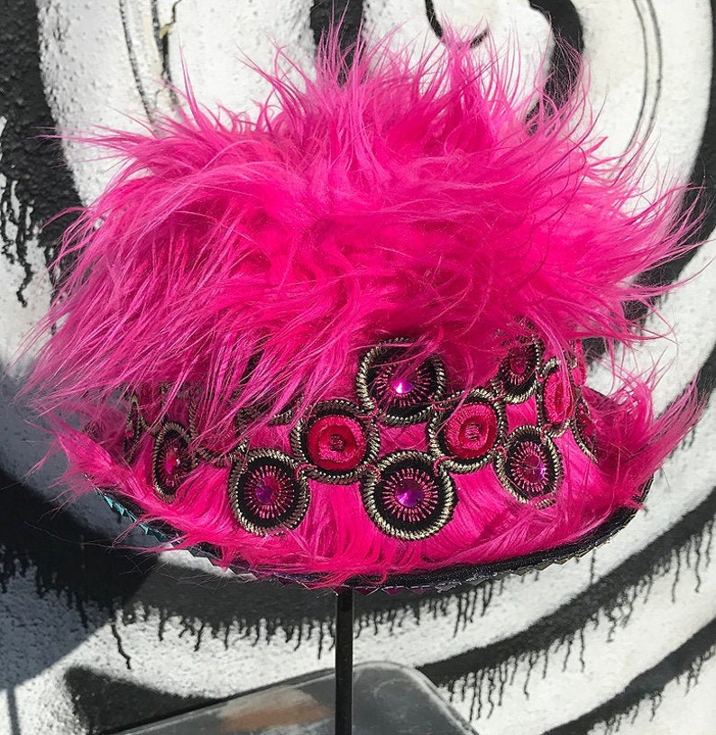 Custom Handcrafted Electric Fuchsia Neon Pink Faux Fur Festival Party Hat with Matching Appliques and Rhinestones Perfect for Burning Man
