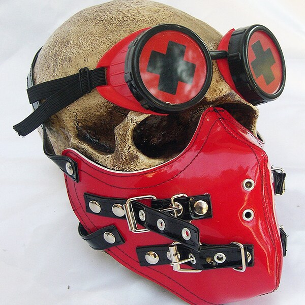 2 Tone 2 pc. set of Black Red Patent Buckle Strap Steampunk Dust Riding MASK with Matching GOGGLES - A Burning Man Must Have