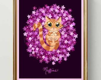 DIGITAL Floral Custom Cat Portrait – Forget Me Not Flowers | Unique pet portrait | Digital Print | cat painting, cat portrait, not AI