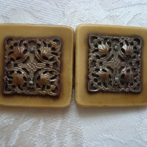 Vintage 2 Piece Plastic and Metal Filigree Buckle As Found