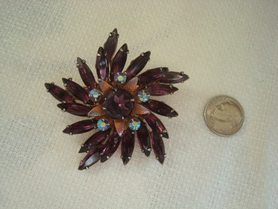 Vintage Rhinestone Flower Brooch With Purple and … - image 2