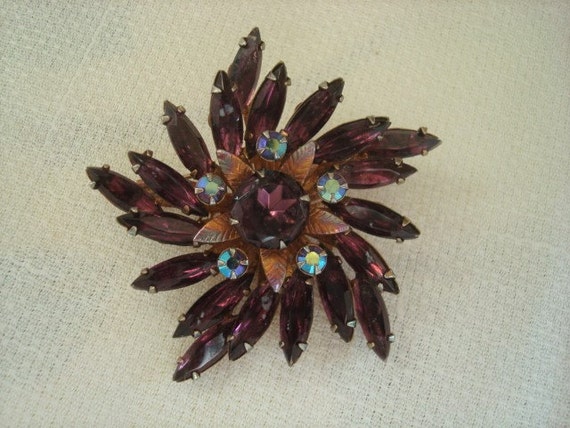 Vintage Rhinestone Flower Brooch With Purple and … - image 1