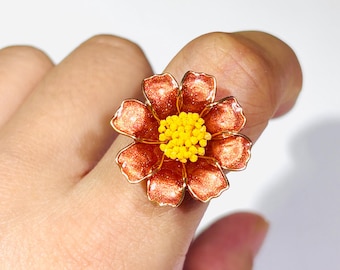 Goudsbloemring oktoberbloem, handgemaakte harsbloemsieraden, bloemencadeau voor haar